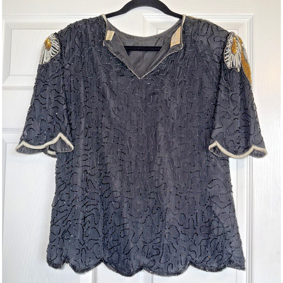 Vintage Lawrence Kazar Sz L Beaded Silk Top Black Gold Silver Embellished Party - Picture 9 of 11